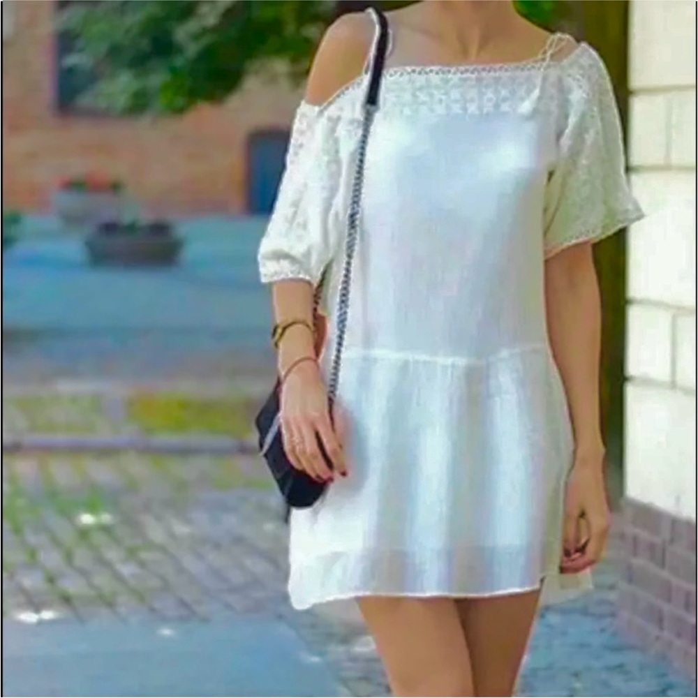 ZARA Sage Green Boho Off The Shoulder Embroidered Dress XS Gauze Cotton Eyelet